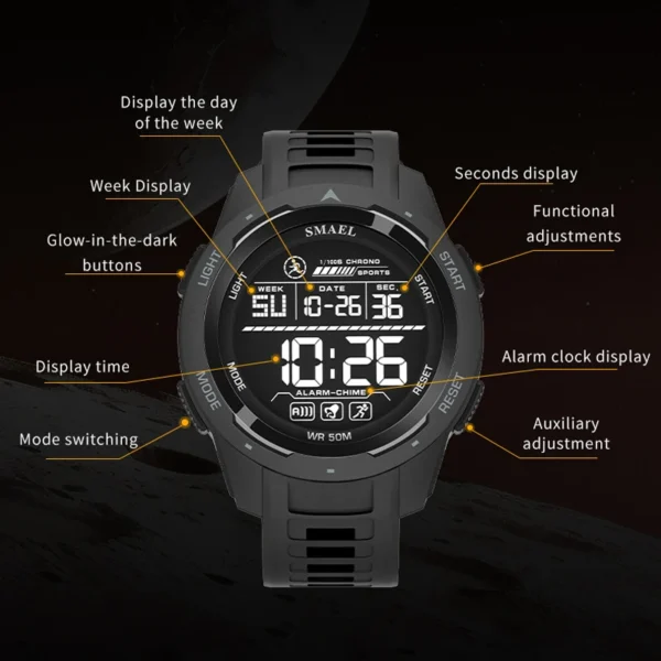 SMAEL Men Digital Watch Waterproof Stopwatch Hourly Alarm Clock Silicon Tape Military Sport Junior Student Electronic Wristwatch - Image 3