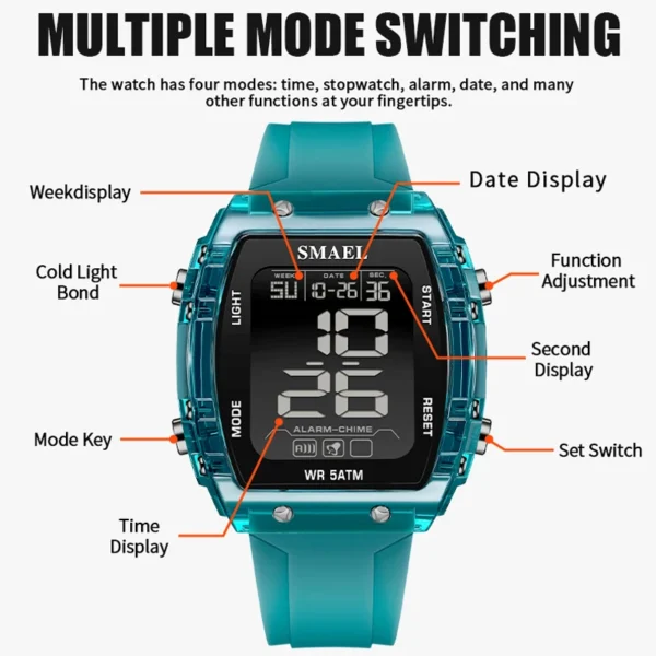 SMAEL Watches for Women LCD Digital Movement Silicone Strap Clock Fashion Trend Waterproof Sport Electronic Wristwatches Female - Image 5
